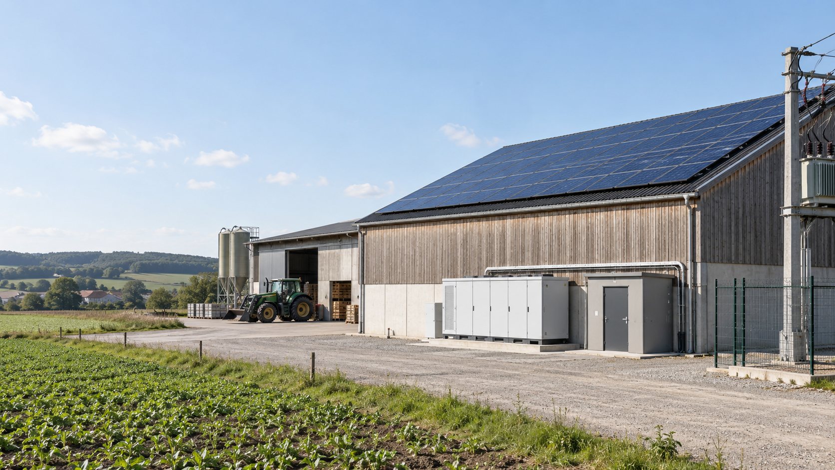 Exploitation agricole dont le hangar porte une toiture photovoltaïque et un système de stockage.