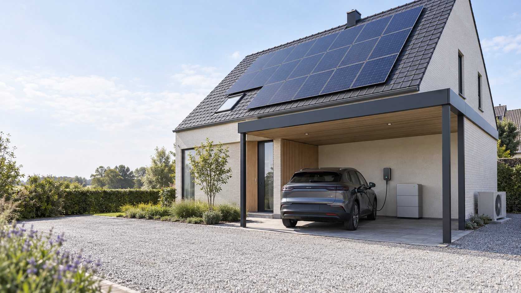 Habitation avec installation photovoltaïque en toiture.