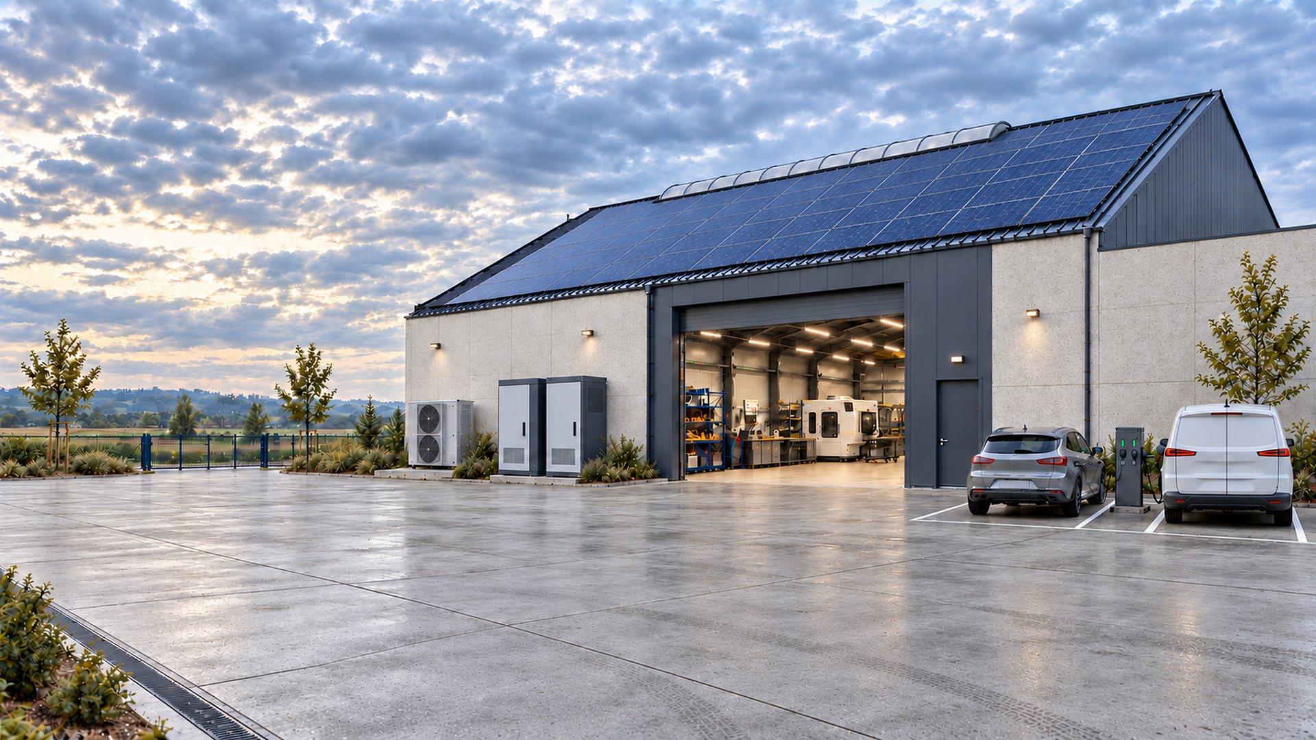 Atelier industriel équipé d'un système de stockage et de panneaux photovoltaïques en toiture.