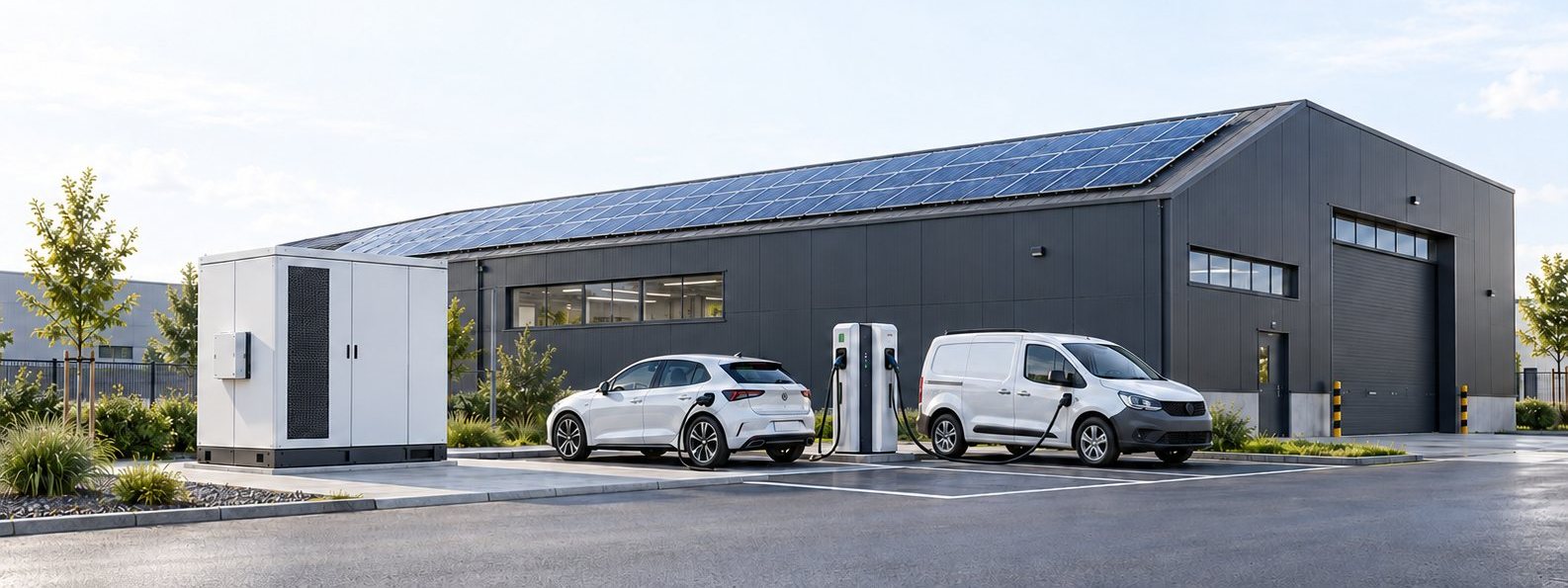 Hall de stockage en zoning, toiture photovoltaïque, bornes de recharge et système de stockage.